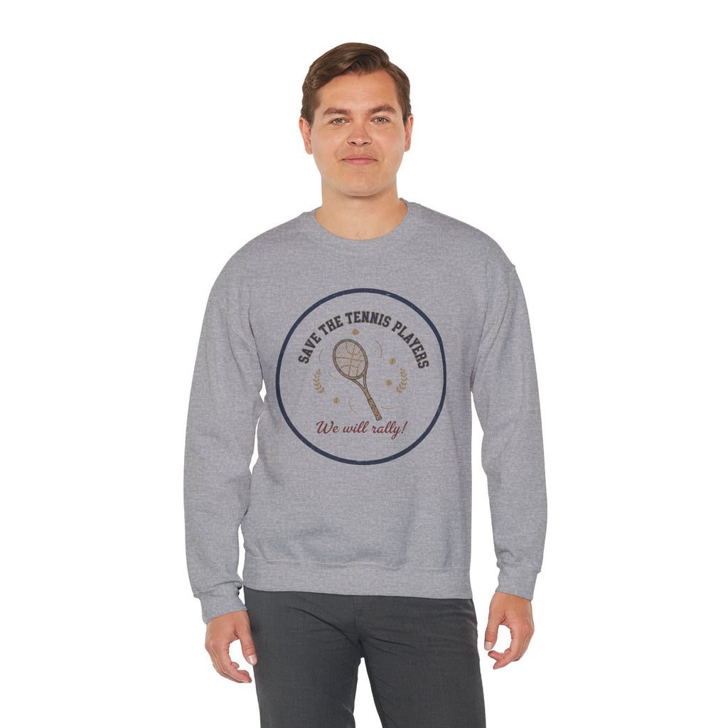 Save the Tennis Players Crewneck Sweatshirt | tennis meme apparel, racquet sport humor