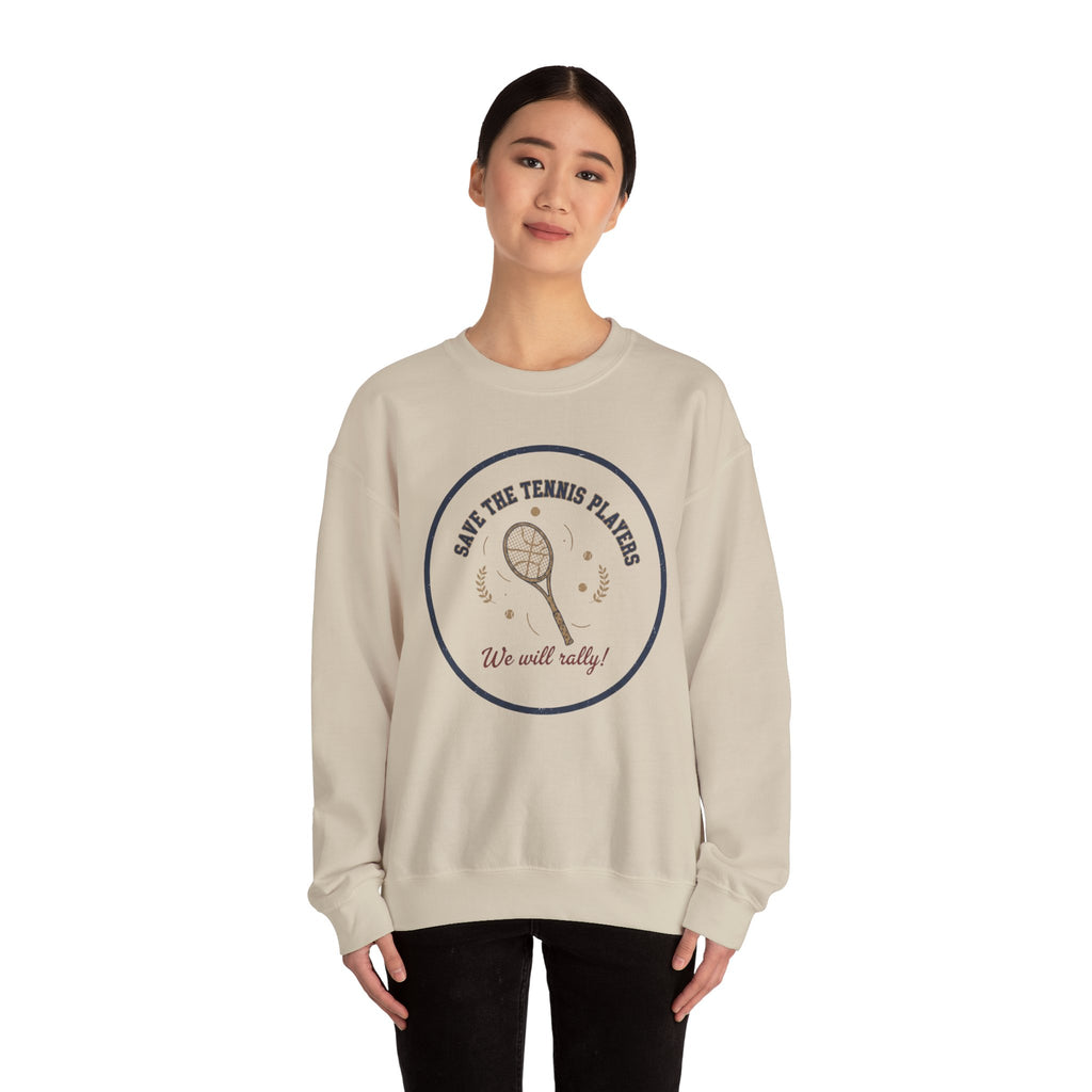 Save the Tennis Players Crewneck Sweatshirt | tennis meme apparel, racquet sport humor