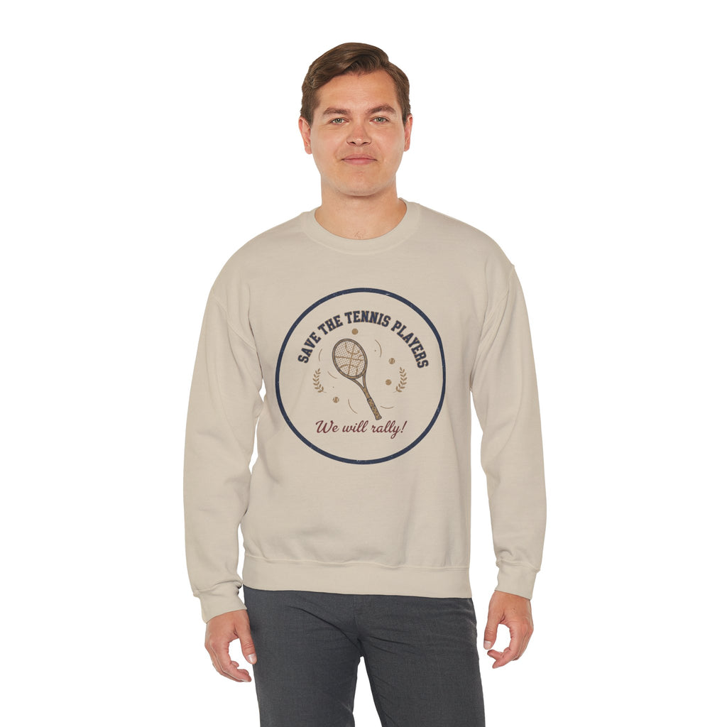 Save the Tennis Players Crewneck Sweatshirt | tennis meme apparel, racquet sport humor