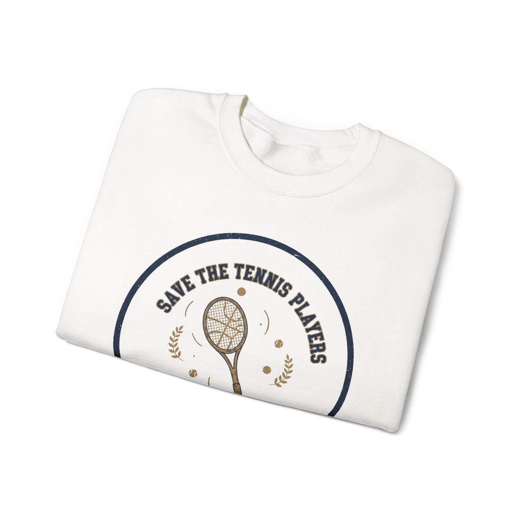 Save the Tennis Players Crewneck Sweatshirt | tennis meme apparel, racquet sport humor