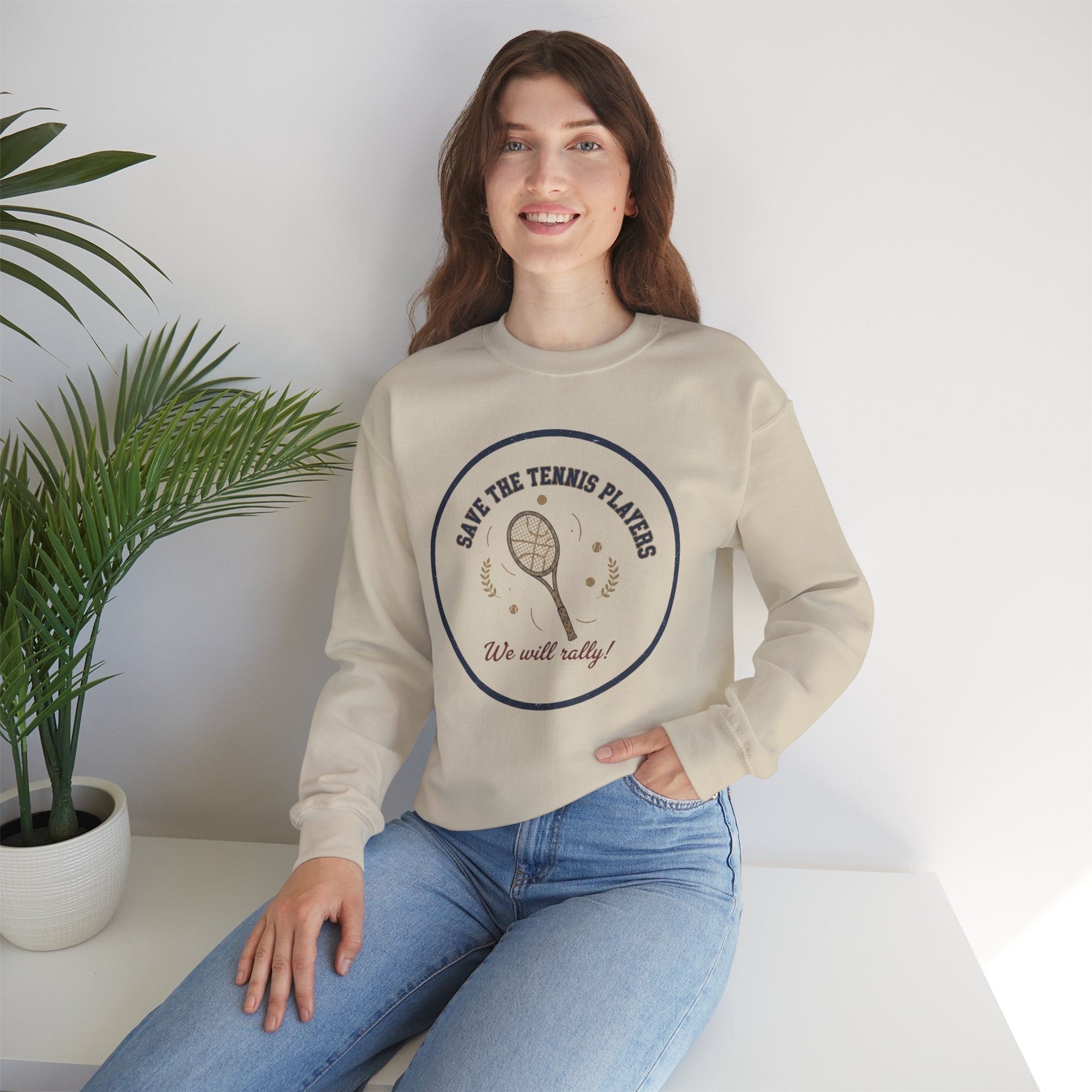 Save the Tennis Players Crewneck Sweatshirt | tennis meme apparel, racquet sport humor