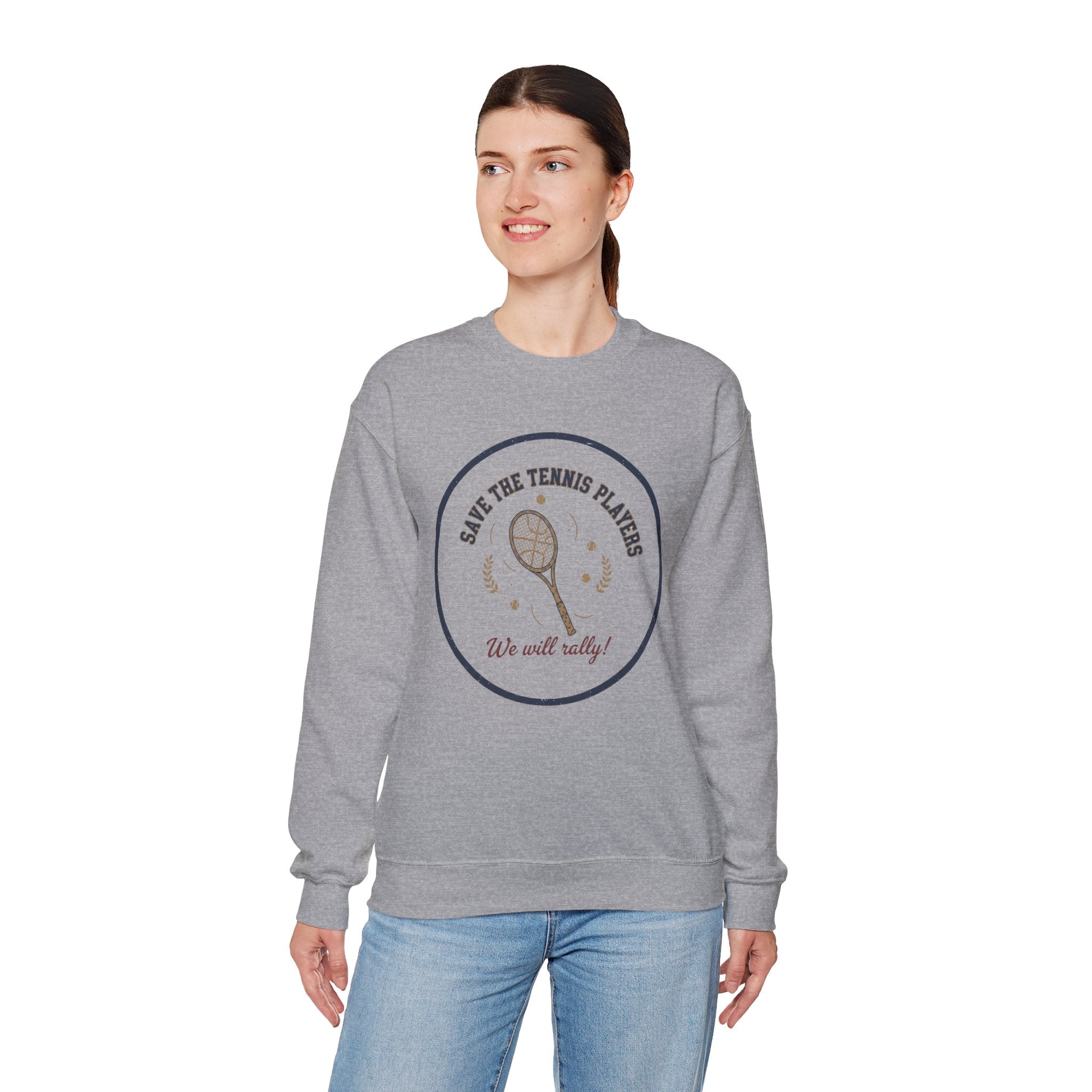 Save the Tennis Players Crewneck Sweatshirt | tennis meme apparel, racquet sport humor