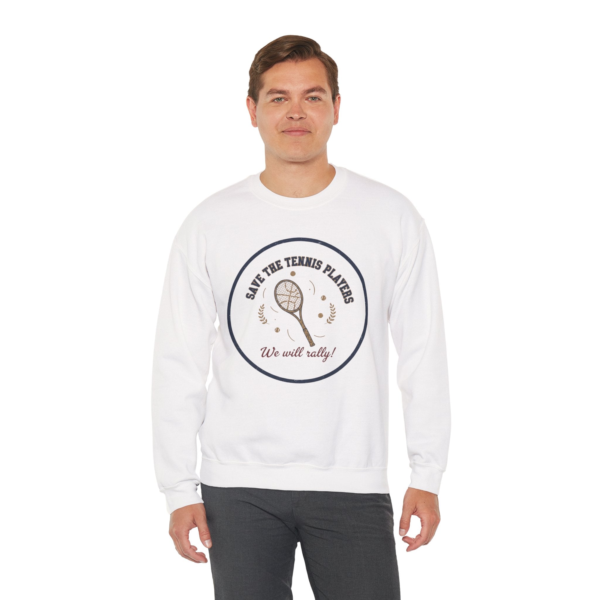 Save the Tennis Players Crewneck Sweatshirt | tennis meme apparel, racquet sport humor