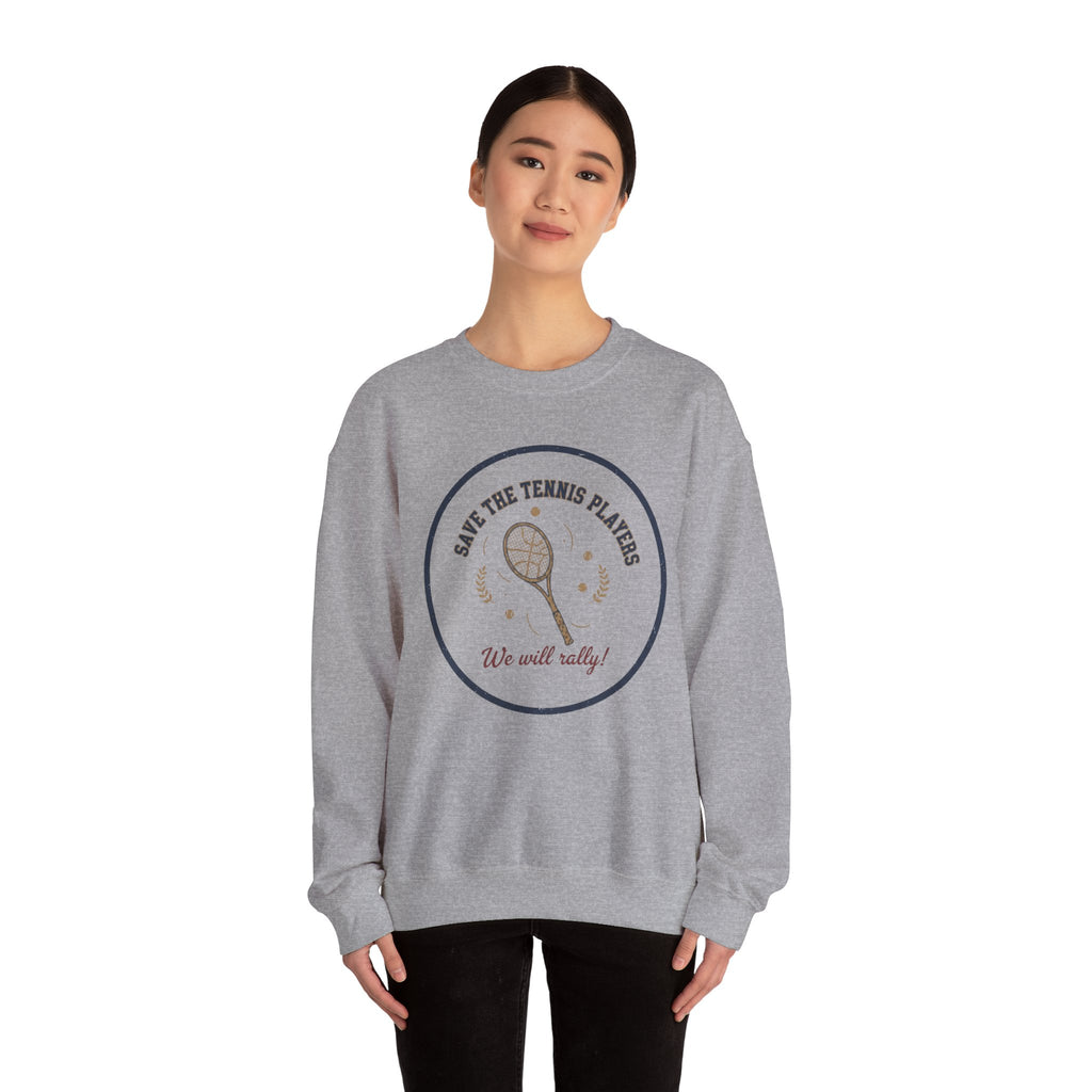 Save the Tennis Players Crewneck Sweatshirt | tennis meme apparel, racquet sport humor