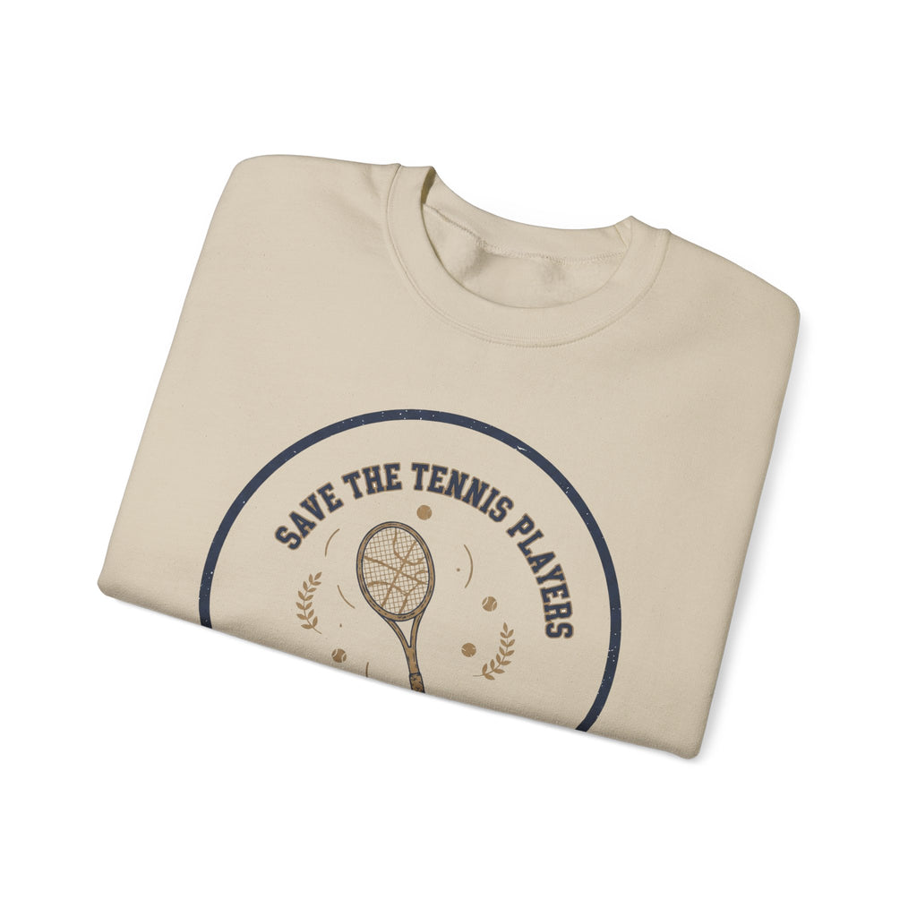 Save the Tennis Players Crewneck Sweatshirt | tennis meme apparel, racquet sport humor