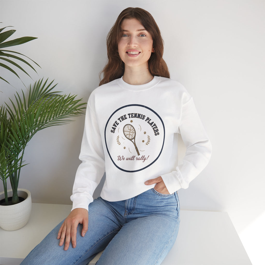 Save the Tennis Players Crewneck Sweatshirt | tennis meme apparel, racquet sport humor