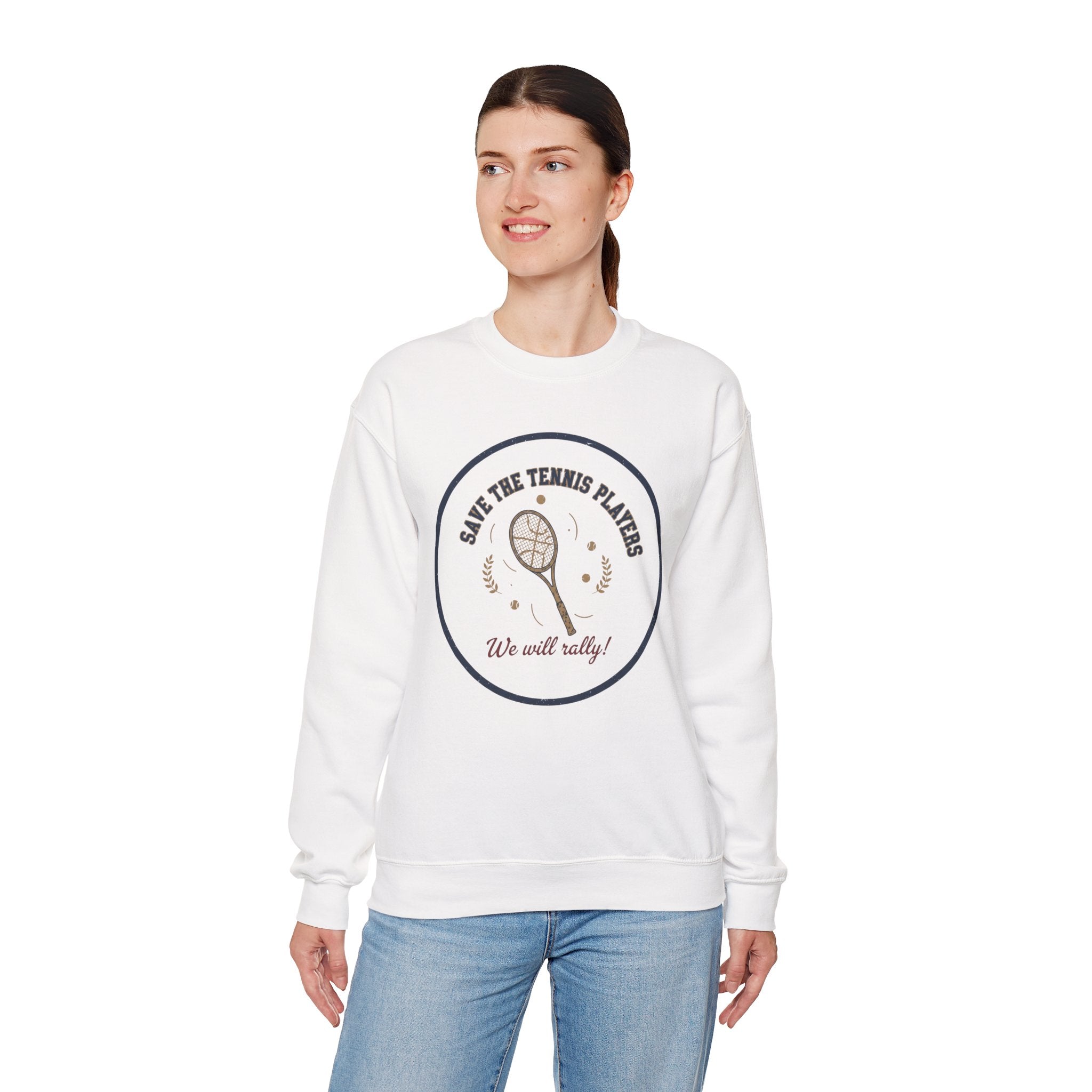 Save the Tennis Players Crewneck Sweatshirt | tennis meme apparel, racquet sport humor